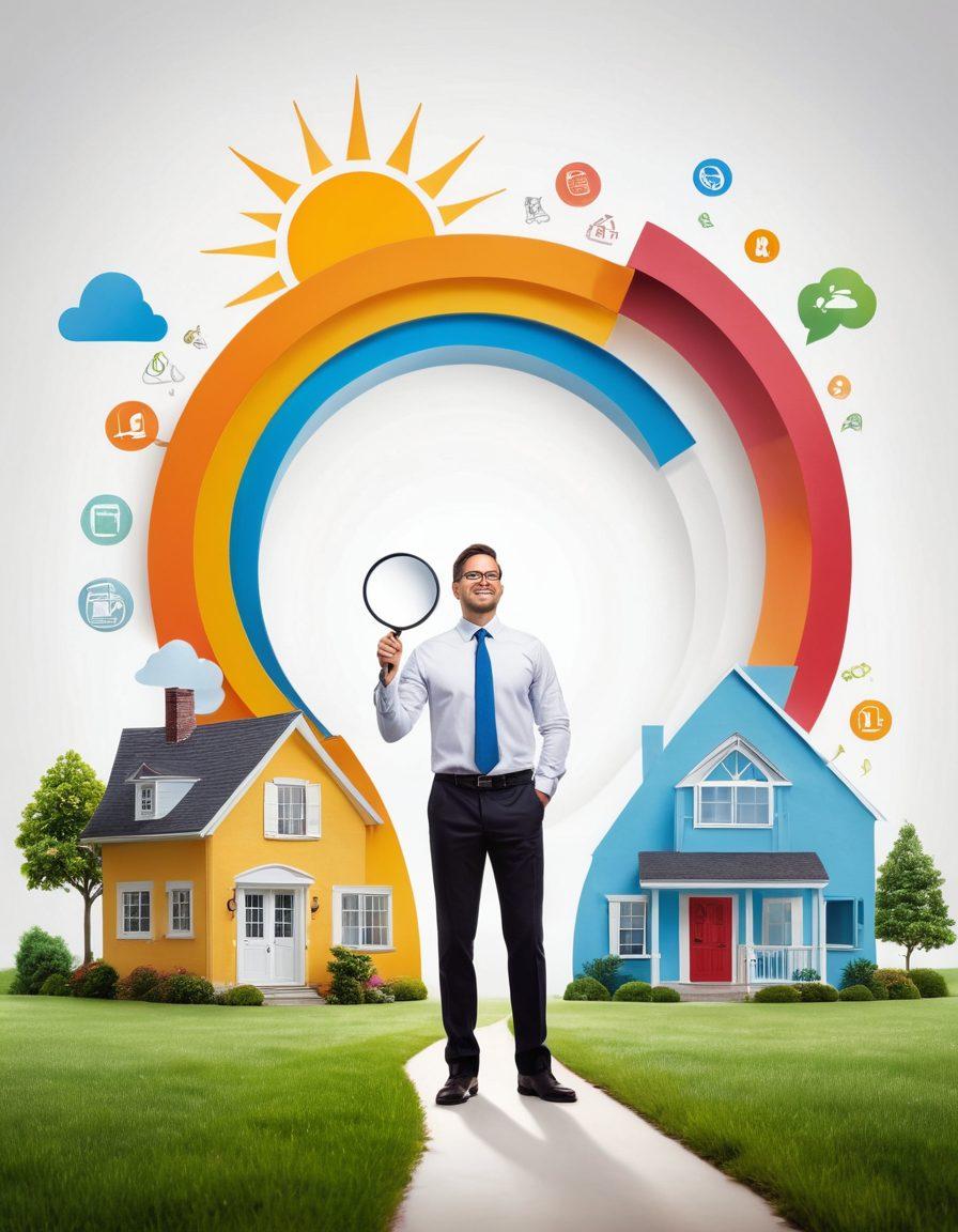 A person standing confidently in front of a large, colorful insurance roadmap, filled with various insurance icons representing health, auto, home, and life insurance. They hold a magnifying glass, symbolizing exploration and understanding, while a radiant sun rises in the background, illuminating the path to informed choices. The scene is vibrant and engaging, evoking a sense of clarity and optimism about insurance. super-realistic. vibrant colors. white background.