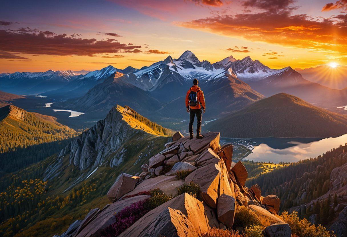 A confident individual standing atop a mountain peak, overlooking a sprawling landscape symbolizing financial security, with diverse icons representing insurance, savings, and investments floating around. The person holds a glowing compass, directing their path to success, amid a vibrant sunrise. super-realistic. vibrant colors. inspirational atmosphere.