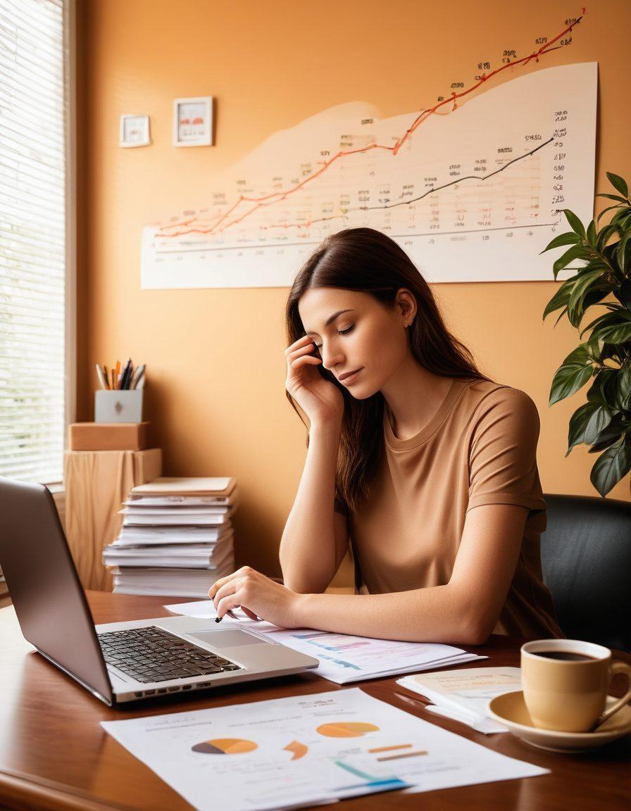 A person sitting at a desk surrounded by documents and a laptop, looking thoughtfully at a chart showing growth in financial security. On the walls, there are symbols of various types of insurance (like health, home, and auto), and a cozy environment with warm lighting. A coffee cup beside them adds a personal touch. The scene conveys a sense of empowerment and informed decision-making in personal finance. super-realistic. warm colors. soft lighting.